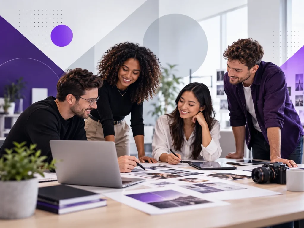 Creatief team werkt samen aan nieuwe ideeën en digitale content in een moderne werkomgeving met paarse accenten.