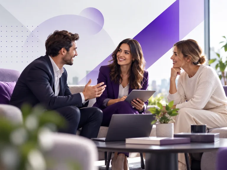 Drie professionals bespreken ideeën en wisselen inzichten uit tijdens een ontspannen gesprek in een moderne kantooromgeving.