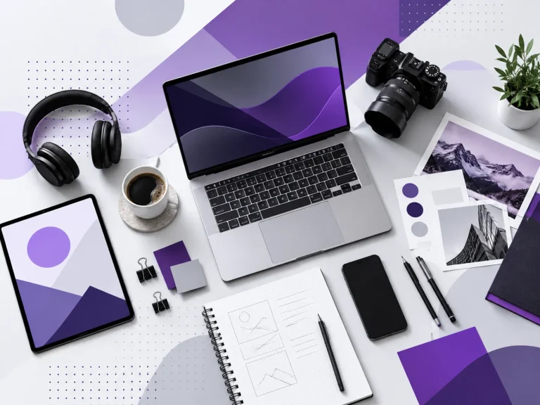 Moderne werkplek met laptop, camera, tablet en creatieve materialen in paarse tinten voor digitale media en contentcreatie.