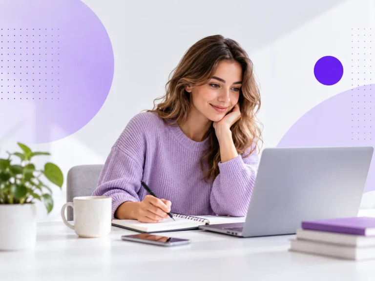Vrouw zoekt informatie op haar laptop en maakt aantekeningen in een moderne werkruimte met lichtpaarse accenten.