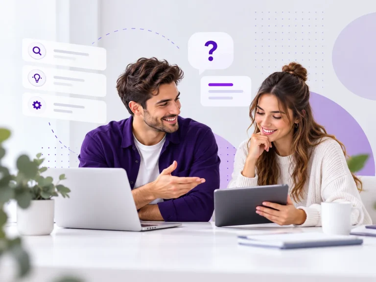 Twee professionals bespreken informatie op een laptop en tablet, met paarse vraagtekens en symbolen voor hulp en ondersteuning op de achtergrond.
