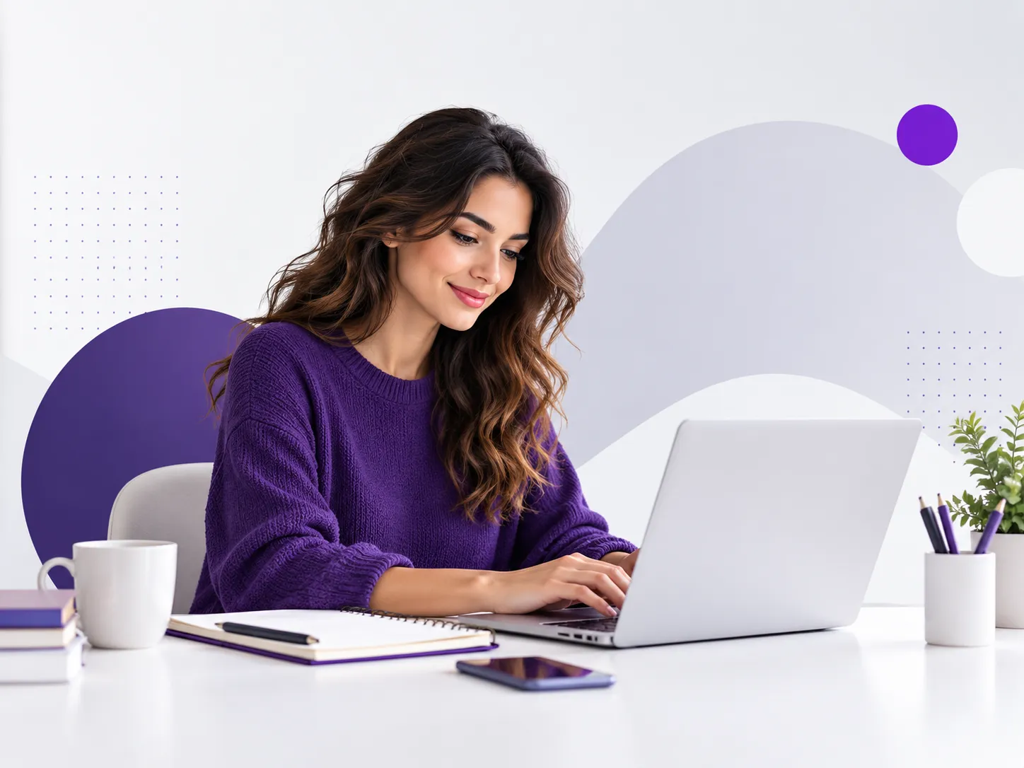 Vrouw werkt aan een laptop in een moderne werkruimte met paarse accenten, passend bij registreren en bijdragen aan Descon Media.